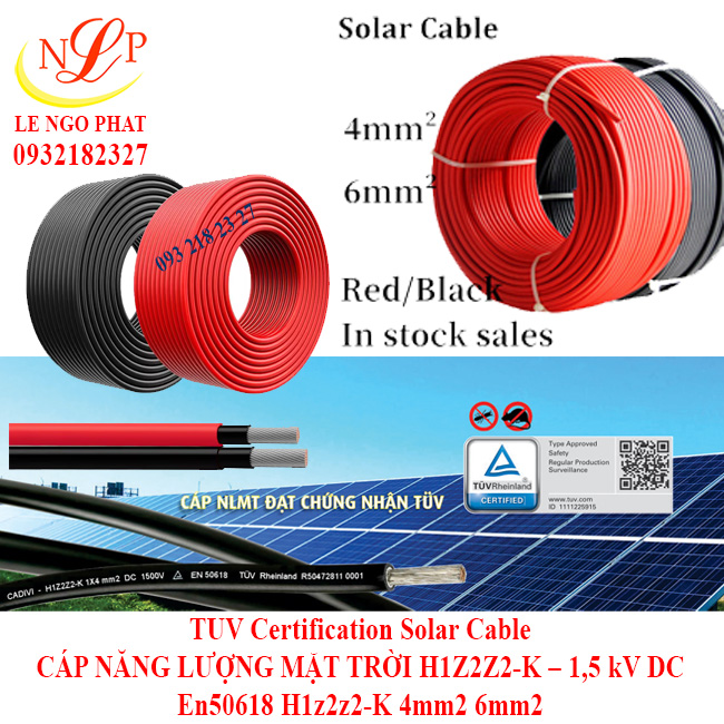 CÁP NĂNG LƯỢNG MẶT TRỜI H1Z2Z2-K – 1,5 kV DC TUV Certification Solar Cable En50618 H1z2z2-K 4mm2 6mm2 Solar Panel Cable Photoyoltaic Wire